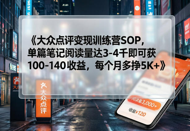 大众点评变现训练营SOP,单篇笔记阅读量达3-4千即可获100-140收益,每个月多挣5K+-网赚副业网