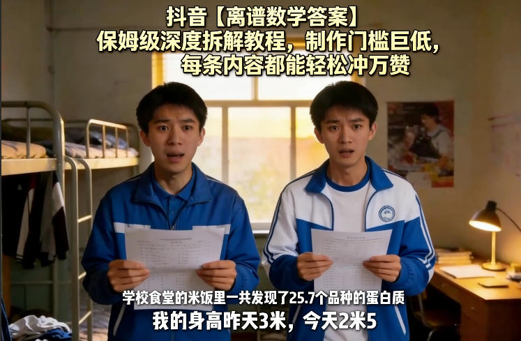 抖音【离谱数学答案】保姆级深度拆解教程,制作门槛巨低,每条内容都能轻松冲万赞,附详细步骤-网赚副业网