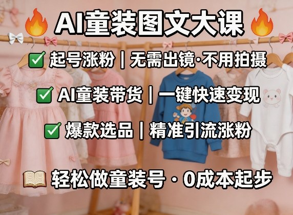 AI童装图文剪辑,某社群童装图文大课,起号涨粉、AI童装带货、爆款选品,无需出镜和拍摄-网赚副业网