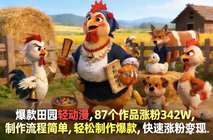 爆款田园轻动漫，87个作品涨粉342W，制作流程简单，轻松制作爆款，快速涨粉变现-网赚副业网