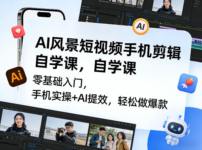 AI风景短视频手机剪辑自学课,零基础入门,手机实操+AI提效,轻松做爆款-网赚副业网