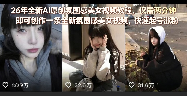 26年全新AI原创氛围感美女视频教程,仅需两分钟即可创作一条全新氛围感美女视频,快速起号涨粉-网赚副业网