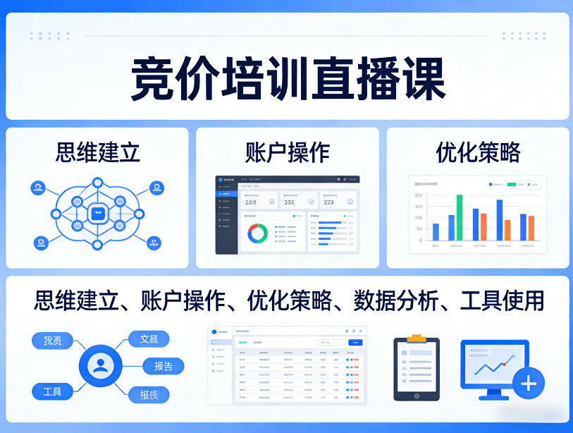 竞价培训直播课,覆盖思维建立、账户操作、优化策略、数据分析、工具使用等,全方位提升效果-网赚副业网