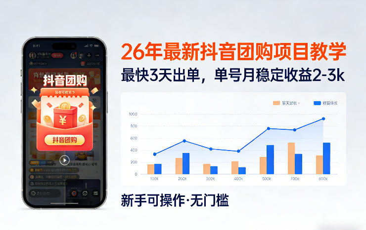 26年最新抖音团购项目教学,0门槛,最快3天出单,单号月稳定收益2-3k-网赚副业网