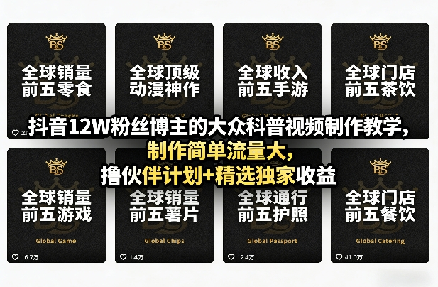 抖音12W粉丝博主的大众科普视频制作教学,制作简单流量大,撸伙伴计划+精选独家收益-网赚副业网