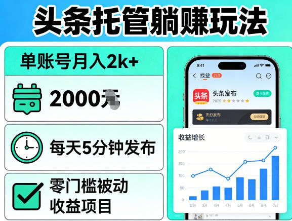头条托管躺賺玩法,单账号月入2k+,每天5分钟发布即可,零门槛被动收益项目【揭秘】-网赚副业网