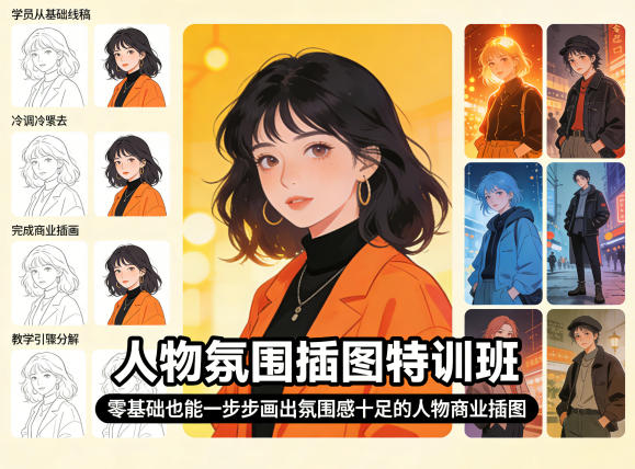 人物氛围插图特训班,零基础也能一步步画出氛围感十足的人物商业插图-网赚副业网