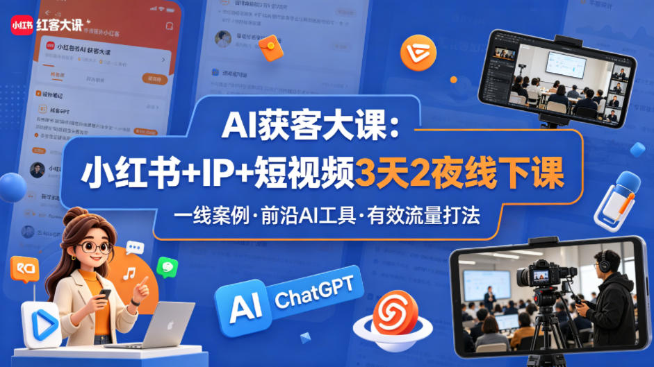 AI获客大课小红书+IP+短视频3天2夜线下课,用最真实的一线案例,最前沿的AI工具,最有效的流量打法-网赚副业网