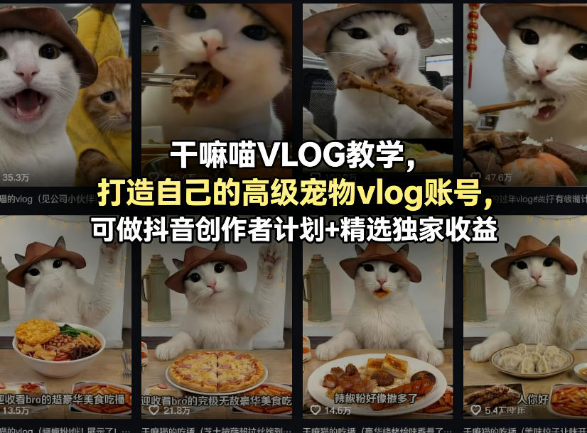 干嘛喵VLOG教学,打造自己的高级宠物vlog账号,可做抖音创作者计划+精选独家收益-网赚副业网