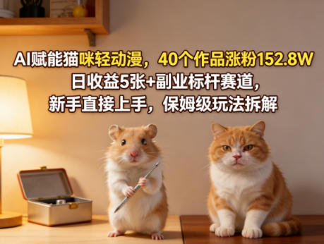 AI赋能猫咪轻动漫，40个作品涨粉152.8W，日收益5张+副业标杆赛道，新手直接上手，保姆级玩法拆解-网赚副业网