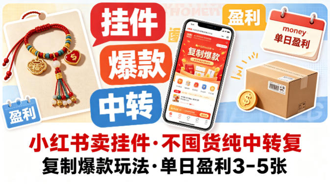小红书卖挂件，不囤货纯中转复制爆款玩法，单日盈利3-5张-网赚副业网