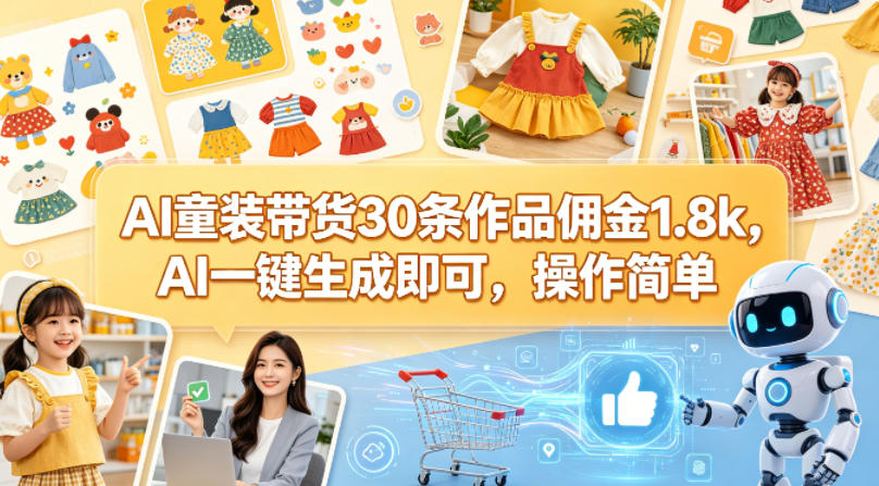 AI童装带货30条作品佣金1.8k,AI一键生成即可,操作简单-网赚副业网