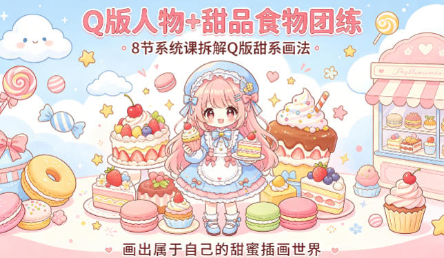 Q版人物+甜品食物团练,8节系统课拆解Q版甜系画法,画出属于自己的甜蜜插画世界-网赚副业网