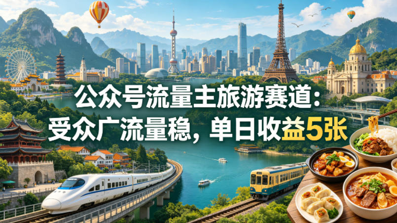 公众号流量主之旅游赛道,受众广+流量稳,平均单日收益5张+-网赚副业网