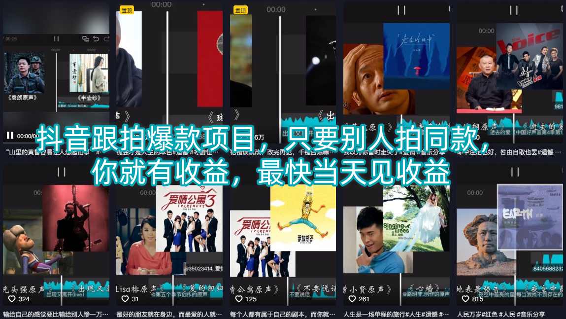 抖音跟拍爆款项目,只要别人拍同款,你就有收益,最快当天见收益-网赚副业网
