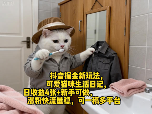 抖音掘金新玩法，可爱猫咪生活日记，日收益4张+新手可做，涨粉快流量稳，可一稿多平台-网赚副业网
