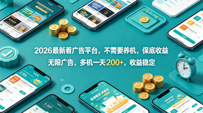 2026最新看广告平台,不需要养机,保底收益,无限广告,多机一天200+,收益稳定【揭秘】-网赚副业网