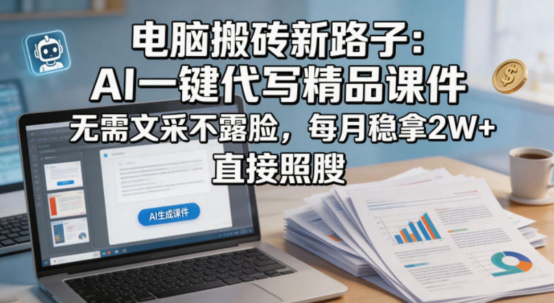 电脑搬砖新路子:AI一键代写精品课件,无需文采不露脸,每月稳拿2W+,直接照搬-网赚副业网