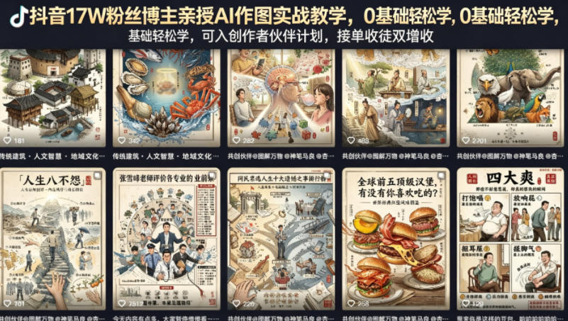 抖音17W粉丝博主亲授AI作图实战教学,0基础轻松学,可入创作者伙伴计划,接单收徒双增收-网赚副业网