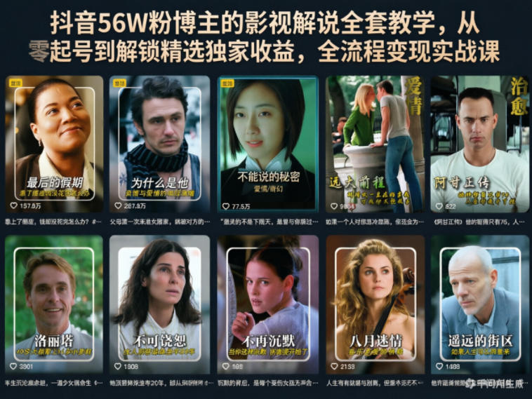 抖音56W粉博主的影视解说全套教学,从零起号到解锁精选独家收益,全流程变现实战课-网赚副业网