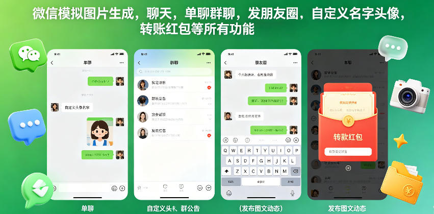 微信模拟图片生成，聊天，单聊群聊，发朋友圈，自定义名字头像，转账红包等所有功能都可以生成-网赚副业网