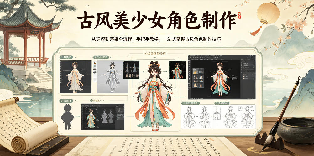 古风美少女角色制作,从建模到渲染全流程,手把手教学,一站式掌握古风角色制作技巧-网赚副业网