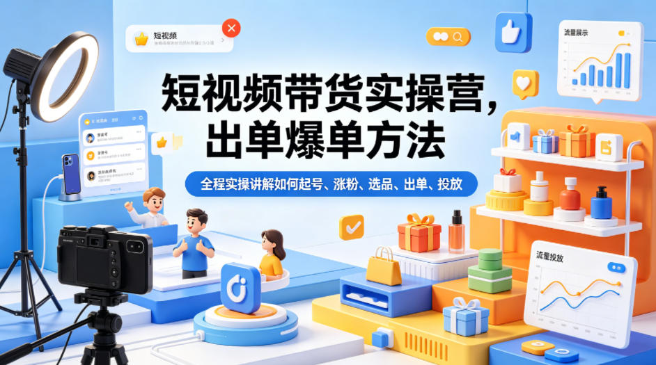 短视频带货实操营，出单爆单方法，全程实操讲解如何起号、涨粉、选品、出单、投放-网赚副业网