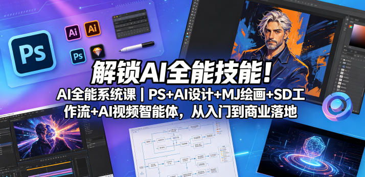 解锁AI全能技能!AI全能系统课|PS+AI设计+MJ绘画+SD工作流+AI视频智能体,从入门到商业落地-网赚副业网