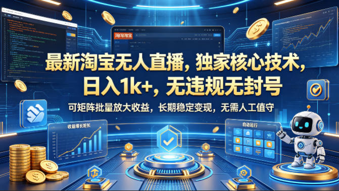 最新淘宝无人直播,独家核心技术,日入1k+,无违规无封号,可矩阵批量放大,长期稳定,无需人工值守【揭秘】-网赚副业网