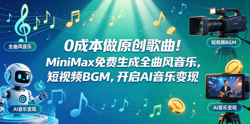 0成本做原创歌曲!MiniMax免费生成全曲风音乐,短视频BGM,开启AI音乐变现-网赚副业网