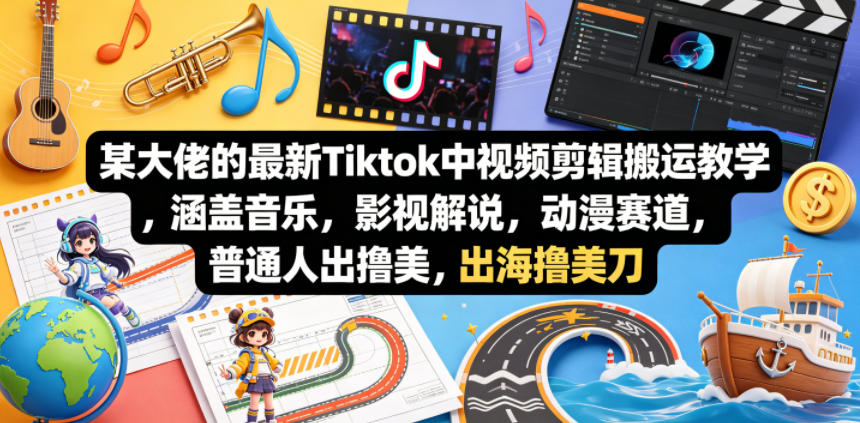 某大佬的最新Tiktok中视频剪辑搬运教学,涵盖音乐,影视解说,动漫赛道,普通人出海撸美刀-网赚副业网