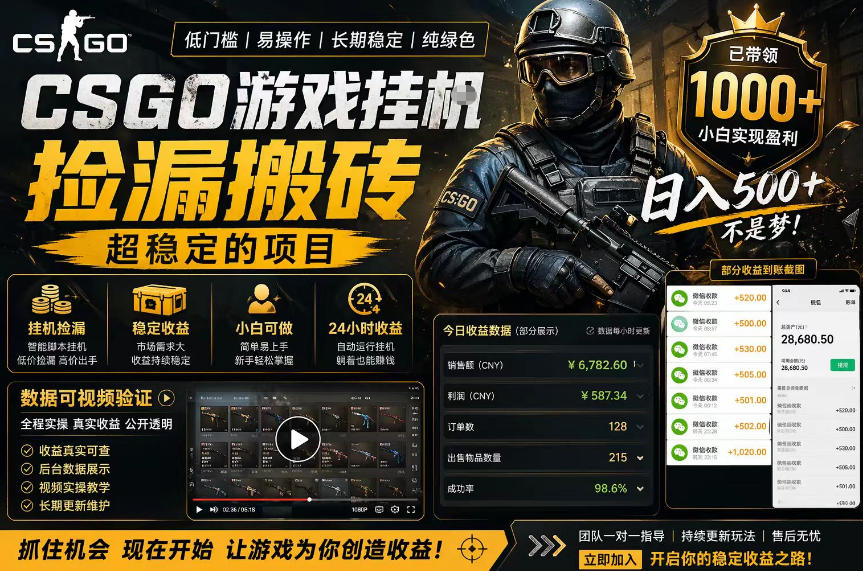 CSGO游戏搬砖,全自动挂G,不需要玩游戏,手机操作日入300+,解放双手【揭秘】-网赚副业网