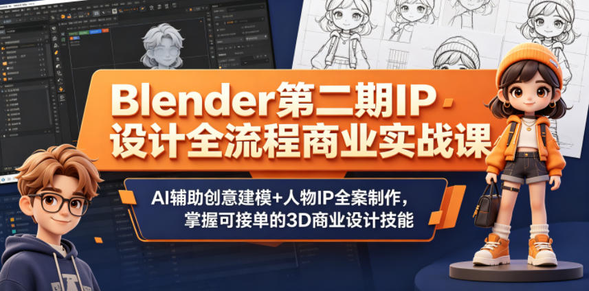 Blender第二期IP设计全流程商业实战课,AI辅助创意建模+人物IP全案制作,掌握可接单的3D商业设计技能-网赚副业网