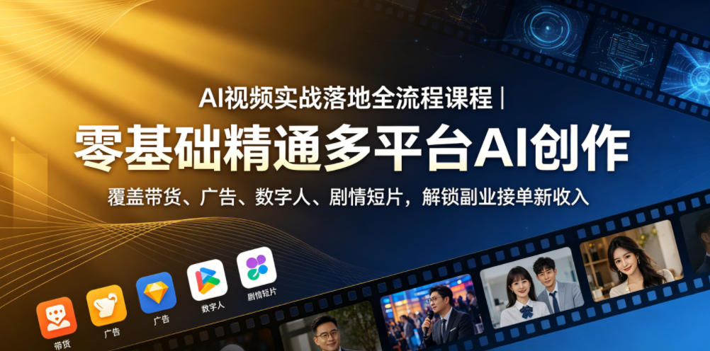 AI视频实战落地全流程课程｜零基础精通多平台AI创作，覆盖带货、广告、数字人、剧情短片，解锁副业接单新收入-网赚副业网
