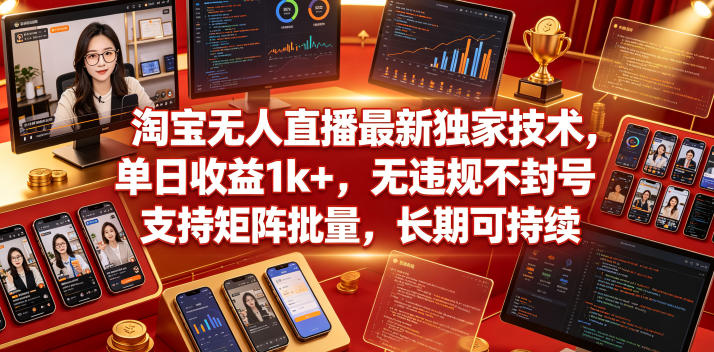 淘宝无人直播最新独家技术,单日收益1k+,无违规不封号,支持矩阵批量,长期可持续【揭秘】-网赚副业网