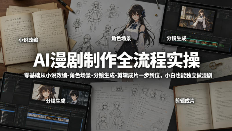 AI漫剧制作全流程实操，零基础从小说改编-角色场景-分镜生成-剪辑成片一步到位，小白也能独立做漫剧-网赚副业网