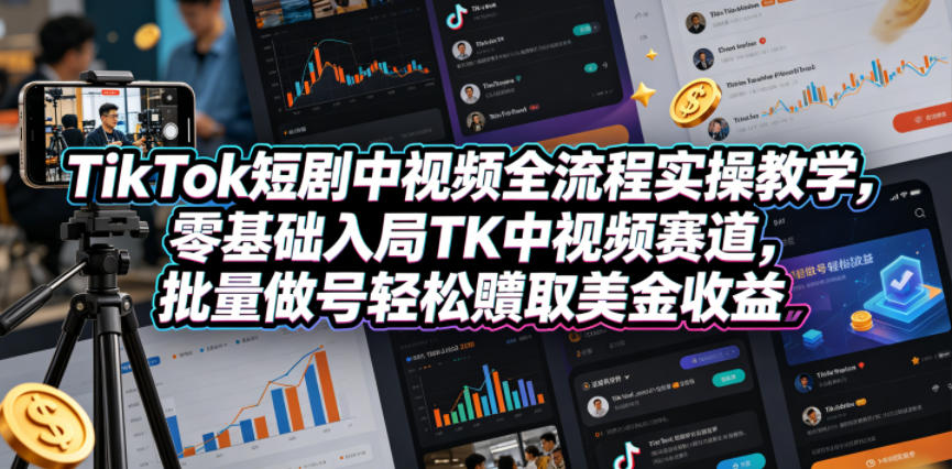 TikTok短剧中视频全流程实操教学,零基础入局TK中视频赛道,批量做号轻松賺取美金收益-网赚副业网
