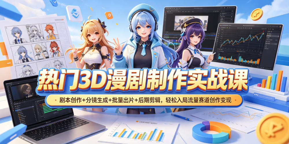 热门3D漫剧制作实战课,剧本创作+分镜生成+批量出片+后期剪辑,轻松入局流量赛道创作变现-网赚副业网