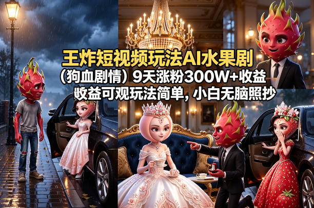 王炸短视频玩法AI水果剧(狗血剧情)9天涨粉300W+收益可观玩法简单,小白无脑照抄,详细拆解玩法-网赚副业网