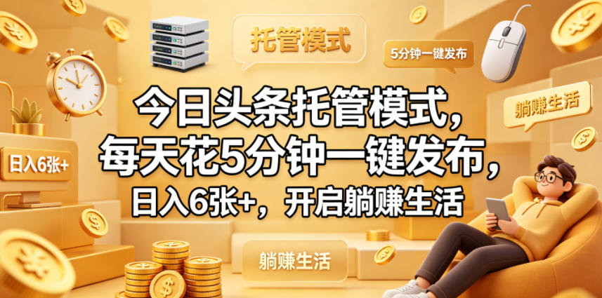 今日头条托管模式,每天花5分钟一键发布,日入6张+,开启躺賺生活【揭秘】-网赚副业网
