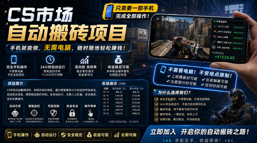 手机即可操作的CS市场自动搬砖系统|自动监控|自动下单|日入300+【揭秘】-网赚副业网