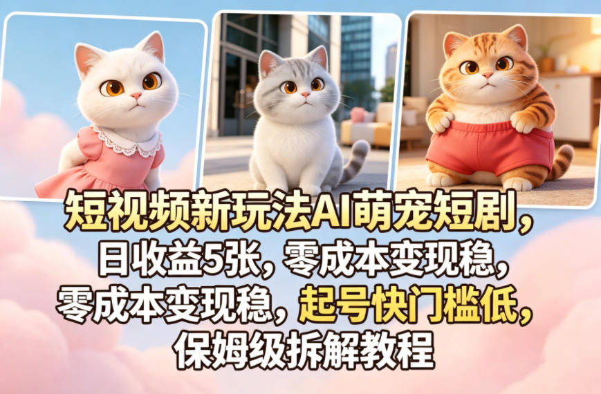 短视频新玩法AI萌宠短剧,日收益5张,零成本变现稳,起号快门槛低,保姆级拆解教程-网赚副业网