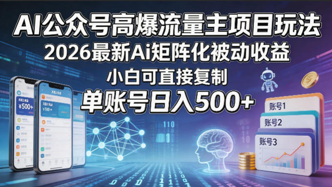 AI公众号高爆流量主项目玩法,2026最新Ai矩阵化被动收益,小白可直接复制,单账号日入500+-网赚副业网