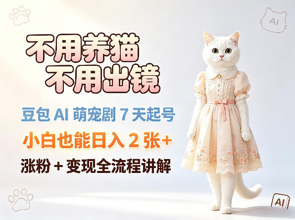 不用养猫不用出镜，豆包AI萌宠剧7天起号，小白也能日入2张+，涨粉+变现全流程讲解-网赚副业网