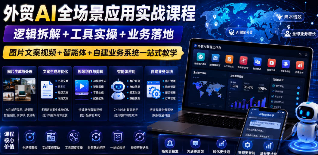 外贸AI全场景应用实战课程|逻辑拆解+工具实操+业务落地,图片文案视频+智能体+自建业务系统一站式教学-网赚副业网