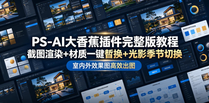 PS-AI大香蕉插件完整版教程，截图渲染+材质一键替换+光影季节切换，室内外效果图高效出图高阶课程-网赚副业网