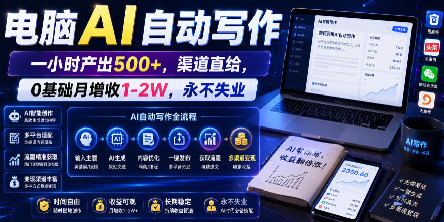 电脑AI自动写作,一小时产出500+,渠道直给,0基础月增收1-2W,永不失业【揭秘】-网赚副业网