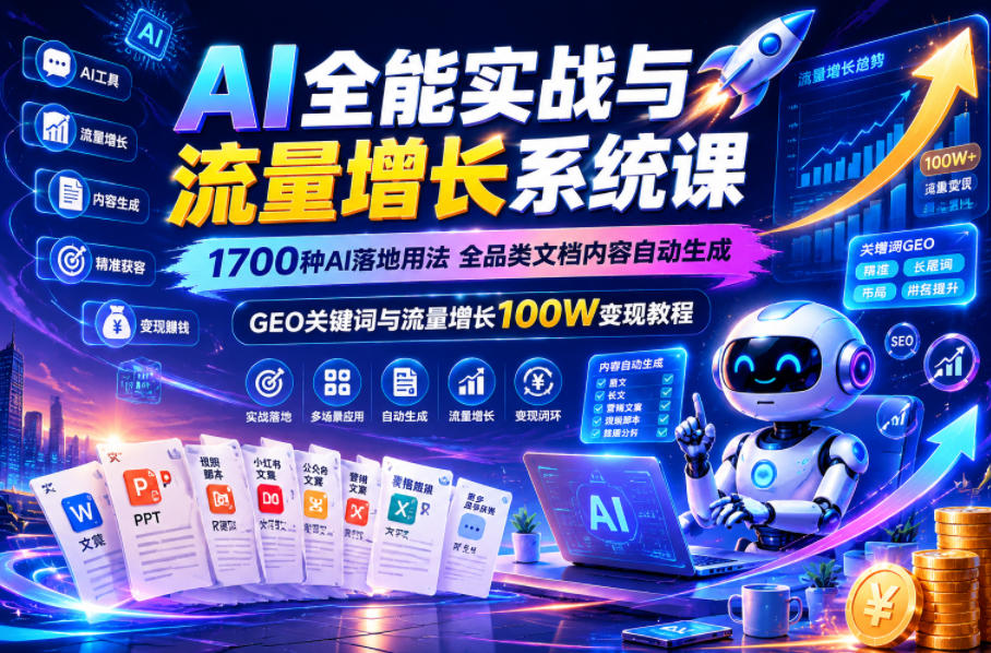 AI全能实战与流量增长系统课,1700种AI落地用法,全品类文档内容自动生成,GEO关键词与流量增长100W变现教程-网赚副业网
