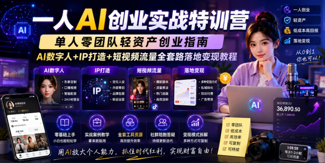 一人AI创业实战特训营,单人零团队轻资产创业指南,AI数字人+IP打造+短视频流量全套路落地变现教程-网赚副业网