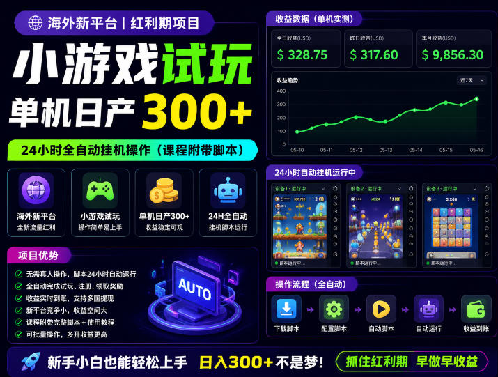 海外新平台,小游戏试玩,单机日产300+,24小时全自动挂G操作(课程附带脚本)【揭秘】-网赚副业网